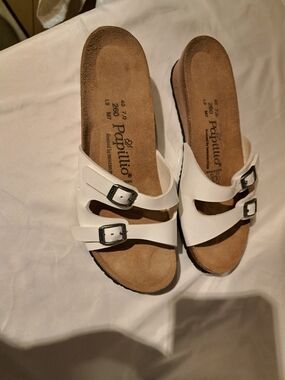 Papillio White Double Buckle Cork Footbed Slides